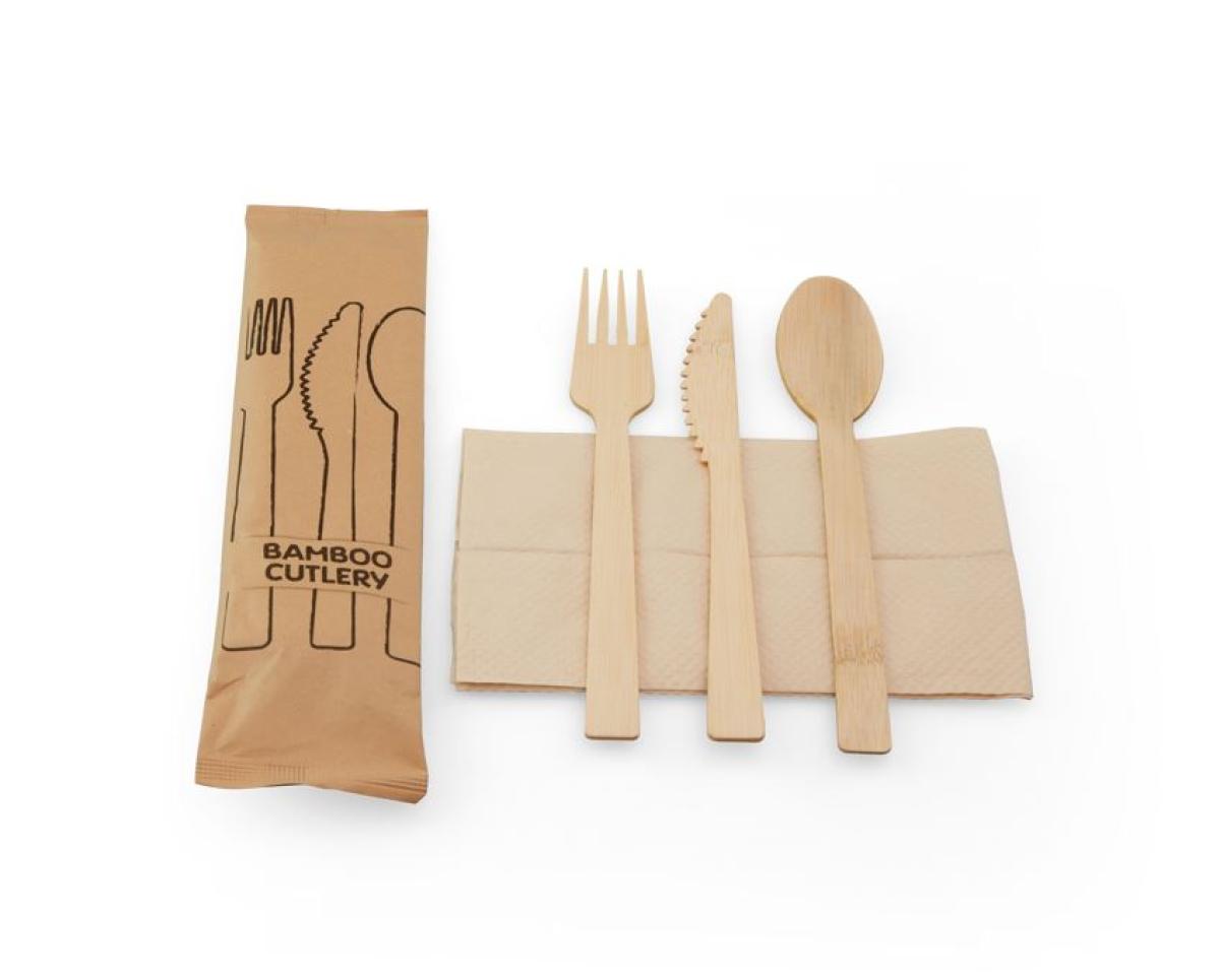 Bestekset vork mes lepel bamboe, servet FSC® papier, in zakje FSC® papier 2 lagen