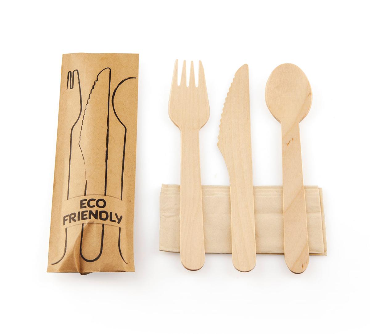 Bestekset hout (FSC®) met servet, in zakje FSC® papier