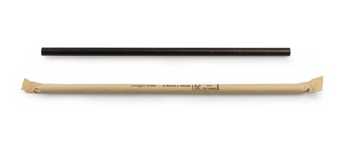 Papiertrinkhalm (FSC®), schwarz, einzeln verpackt – ø 8 mm / 24 cm