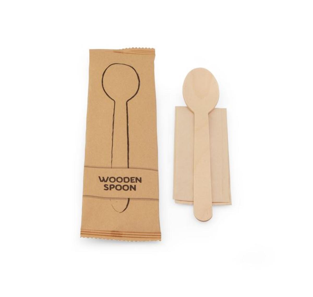 Lepel hout (FSC®) met servet, in zakje FSC® papier
