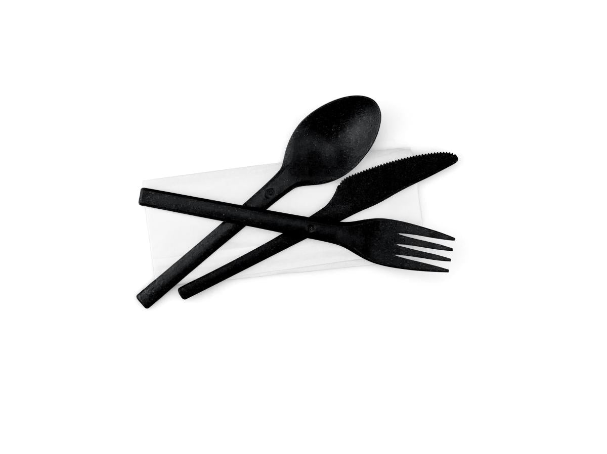 Refork vork mes lepel zwart + wit servet in papieren zakje