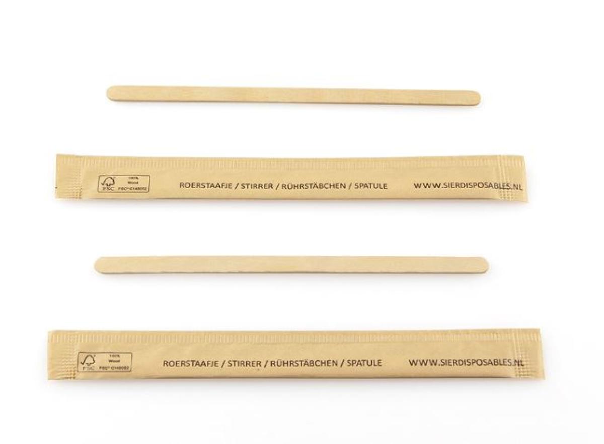 Roerstaafje hout (FSC®) per stuk verpakt – 110 × 5 × 1 mm