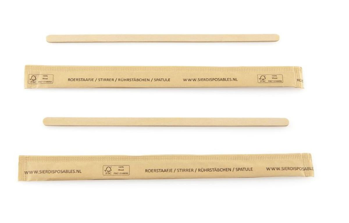Roerstaafje hout (FSC®) per stuk verpakt – 110 × 5 × 1 mm
